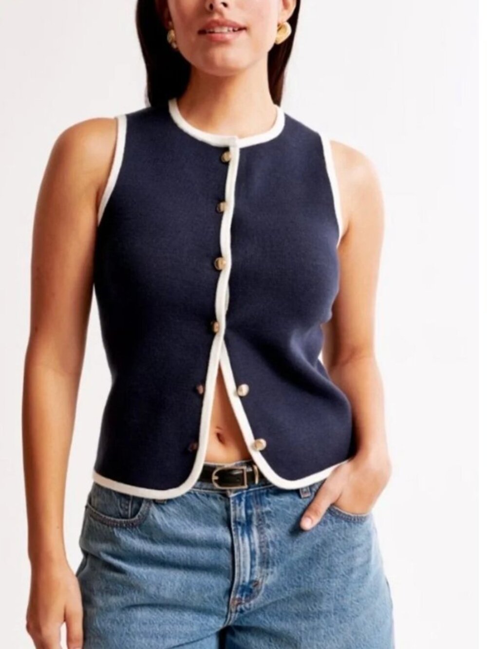Abercrombie & Fitch Navy Sweater Vest with White Trim and Gold Buttons, Size Sma - Picture 1 of 3